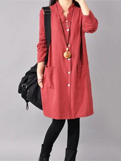 Women's Cotton Linen Dress Casual Dress Mini Dress Cotton Blend Basic Casual Outdoor Daily Vacation V Neck Button Pocket Long Sleeve Spring Fall Autumn 2023 Loose Fit Yellow Red Navy Blue Pure Color